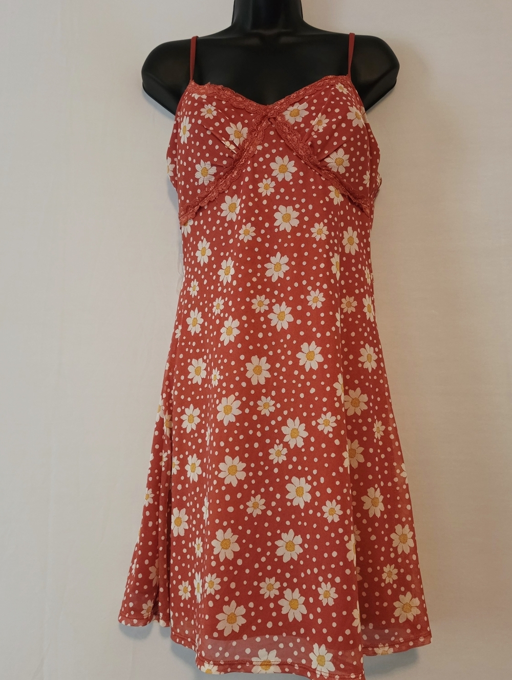 Y2K Slip Dress Womens L Red Daisy Polka Dot Lace Fairycore Boho Cottagecore 90s